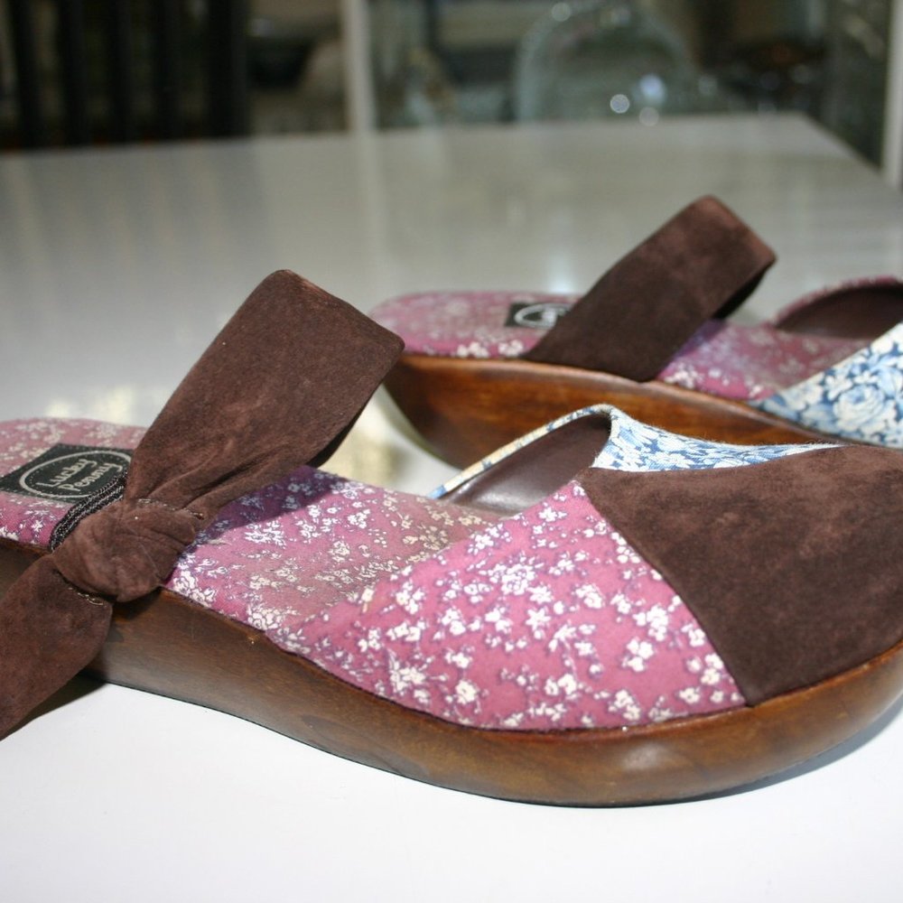 LUCKY PENNY Patchwork Clog Size 8 Wooden Platform/Walnut Stain*Fabric*Suede - Picture 4 of 13